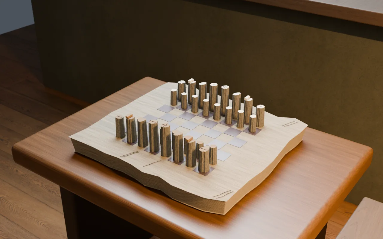 Recreated live-edge chess board and branch pieces in the workshop.