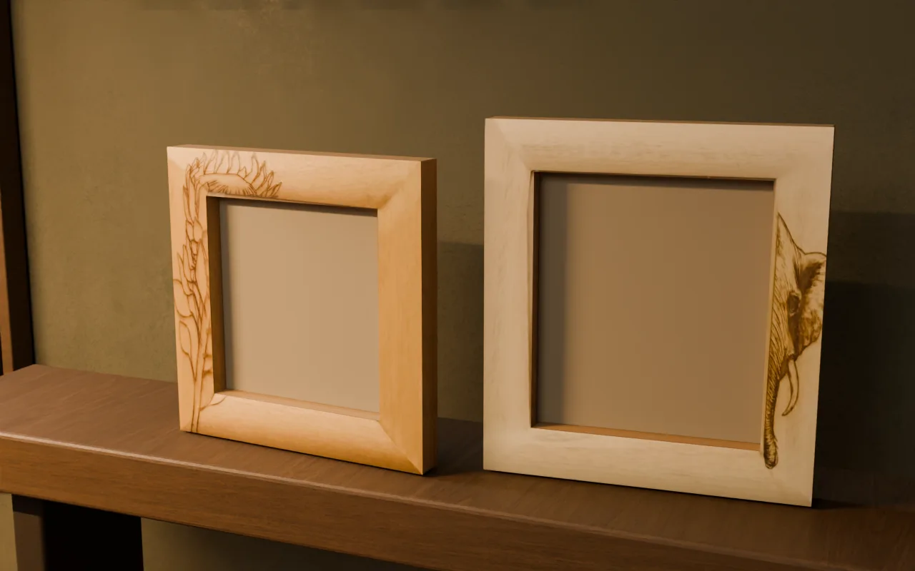 Recreated timber frames retaining the original protea and elephant illustrations.