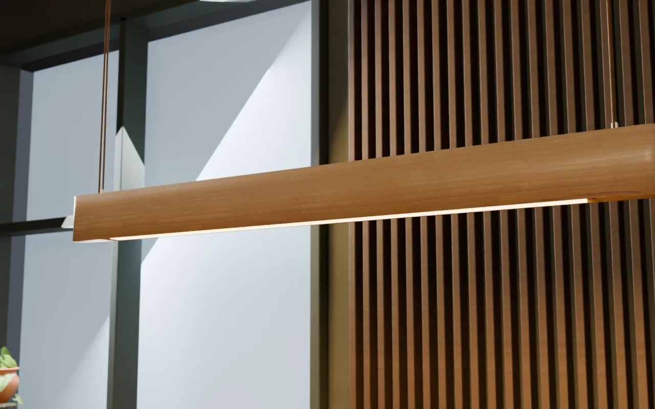 The timber pendant recreated within the imagined workshop.