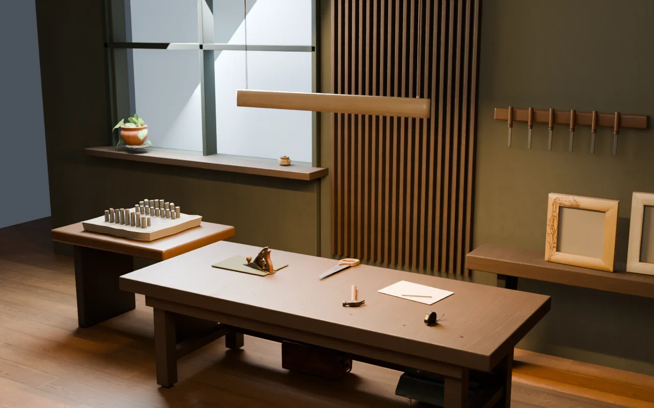 Timber pendant illuminating the central making bench.