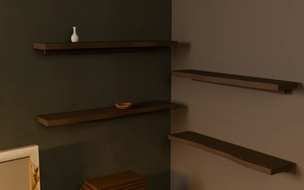 Irregular timber shelves fitted to an interior wall.