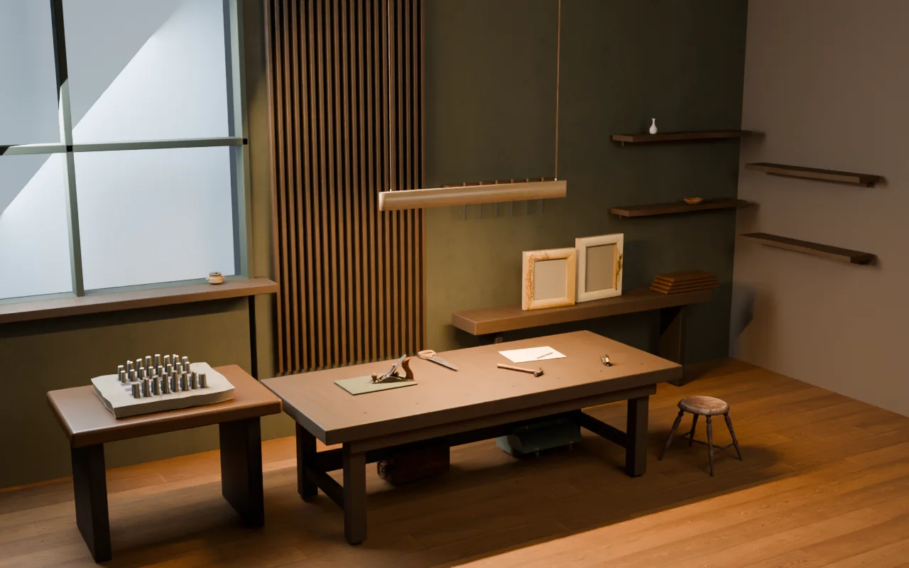 A shared imagined workshop bringing lighting, chess and frames together.
